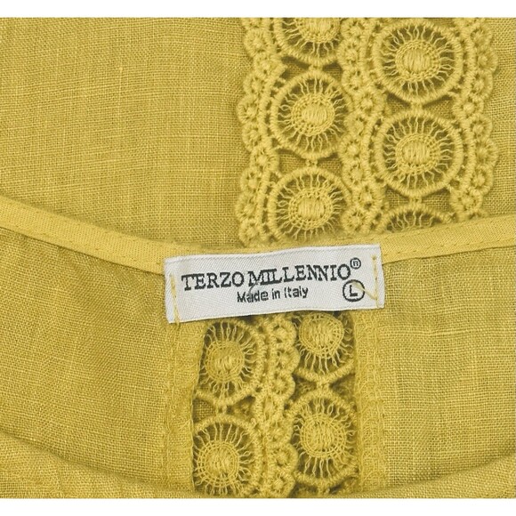 TERZO MILLENNIO Women Size L Mustard Linen Embroidered Top Timeless Lagenlook - Picture 7 of 9